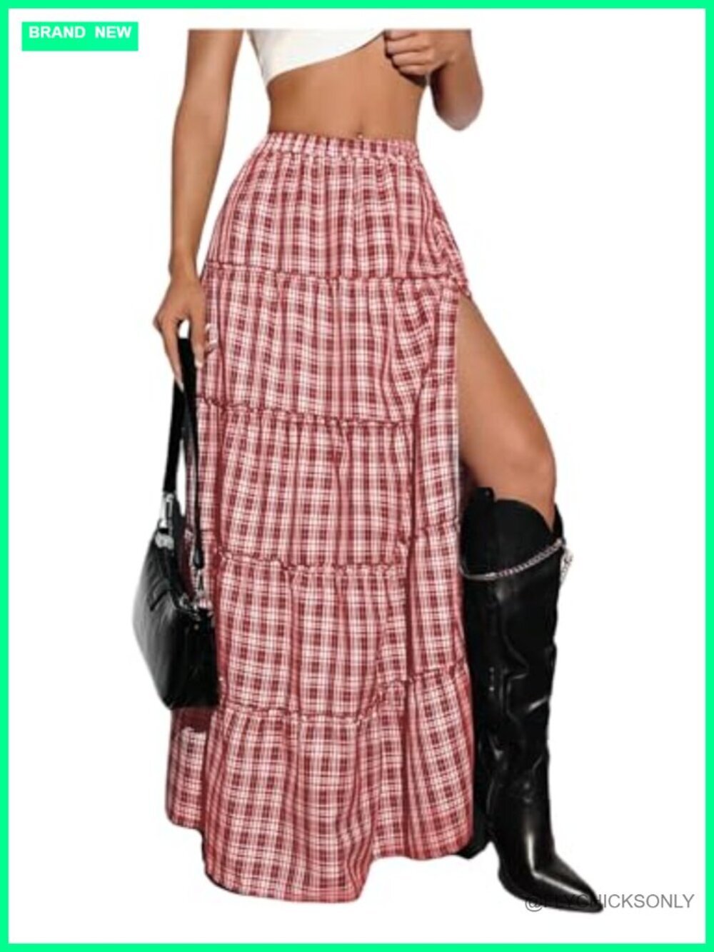 Plaid Maxi Skirt with Slit, Tiered Ruffle Hem, Elastic Waist